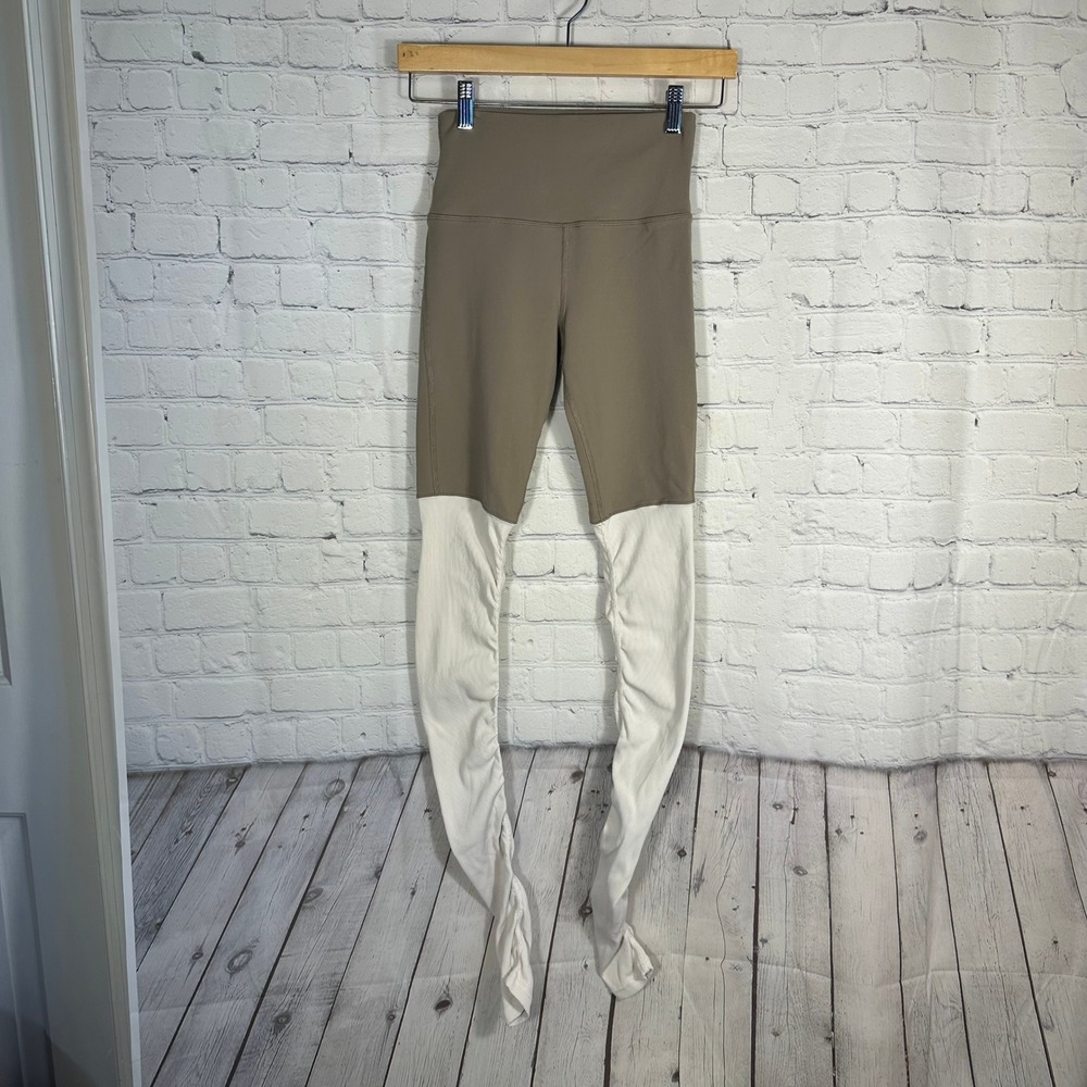 Alo Yoga Goddess Leggings Taupe Brown Ivory Ribbed High Waist XS W5432R